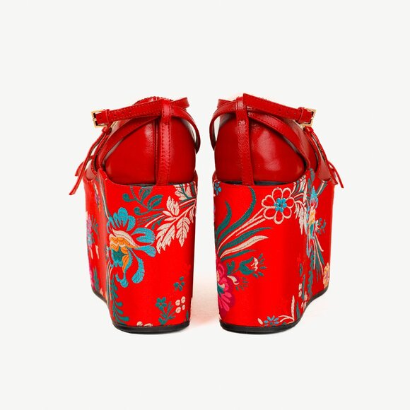 Gucci Hibiscus Red Malaga Kid Silk Hannelore Detachable Platform Slide - Picture 3 of 13